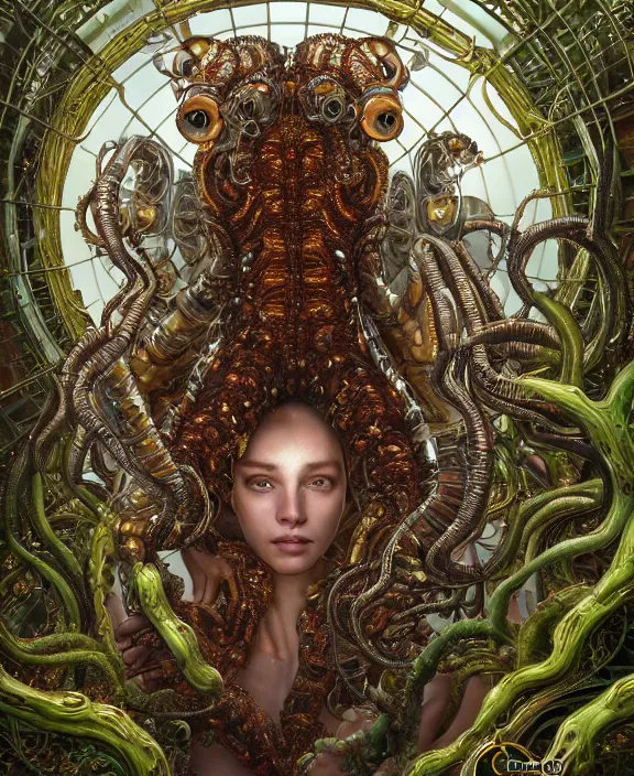 Image similar to intricate ornate opulent transparent clear see - through portrait of a terrifying male alien centipede robot, mottled coloring, adorable, childlike, overgrown biopunk jungle environment, ultra realistic, concept art, art nouveau, photorealistic, octane render, 8 k, unreal engine. art by christopher marley and artgerm and greg rutkowski and alphonse mucha