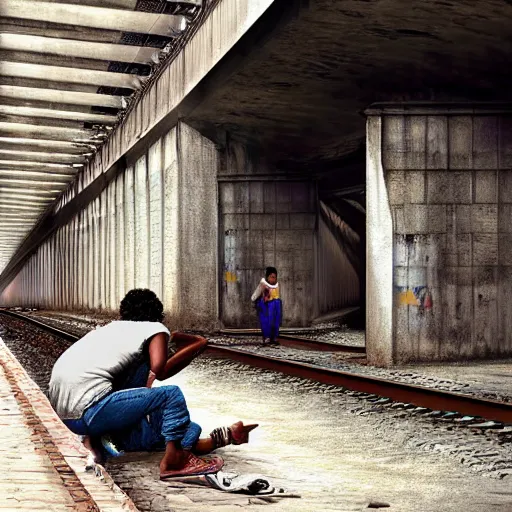 Image similar to poor people life under railway bridge, digital art, digital painting, award winning, hyper realistic, realistic human, hyper details, style by steve mccury and annie leibovitz and chindy sherman