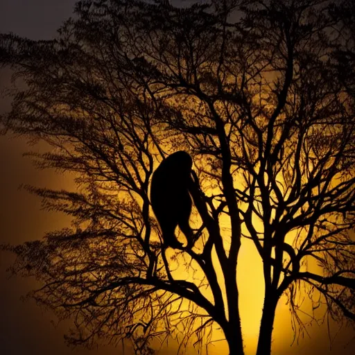 Image similar to rim light around fur of an ape on a tree, silhoutte, dim light, tree top, dslr award winning photo, nikon