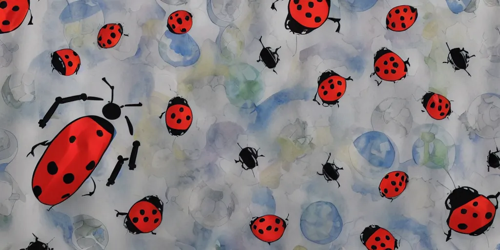 Prompt: shower curtain product catalog. wide - angle photo. on the curtain is a low - angle hero - shot watercolor of a ladybug robot. the robot has an epic showdown with darth vader. the water color has ink under drawing. highly coherent, product photography of a shower curtain, product lighting. 4 k, highly detailed. saturated.