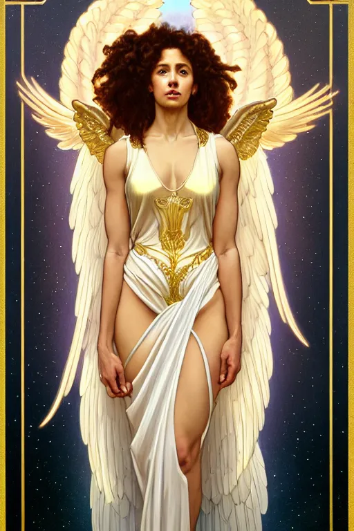 Image similar to fullbody portrait of a beautiful young fit woman angel with curly blond hairs, soft smile, closed eyes, blessing palms, dressed in long fluent skirt, majestic symmetrical eagle wings, luminous halo, by greg rutkowski and alphonse mucha, gradient white to gold, in front of an iridescent background, highly detailed portrait, digital painting, smooth, glowing outline, focus illustration