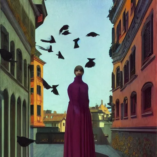 Image similar to a woman in a medieval city, a lots of crows, hyperrealistic film still by edward hopper, by gottfried helnwein, by klimt, by paolo uccello, art nouveau, highly detailed, strong lights, liminal, eerie, symbolist, bright pastel colors