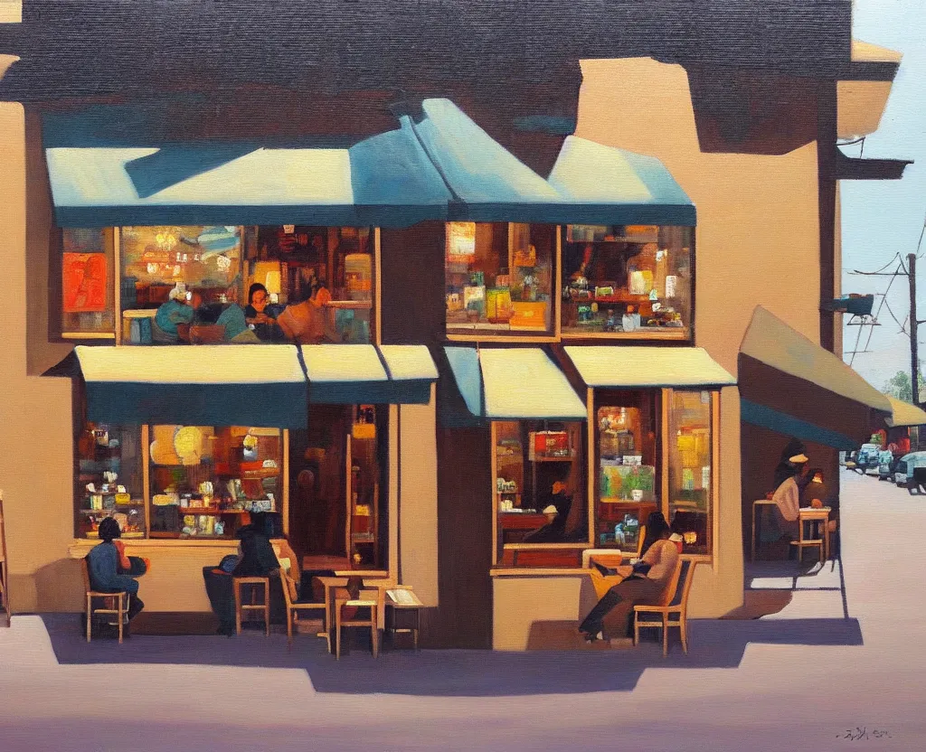 Prompt: a serene painting of a street - side coffee shop