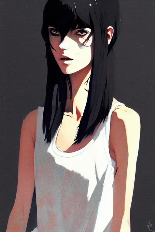 Image similar to a ultradetailed beautiful painting of a stylish woman with a white tank top, she has short black hair with bangs, by conrad roset, greg rutkowski and makoto shinkai trending on artstation