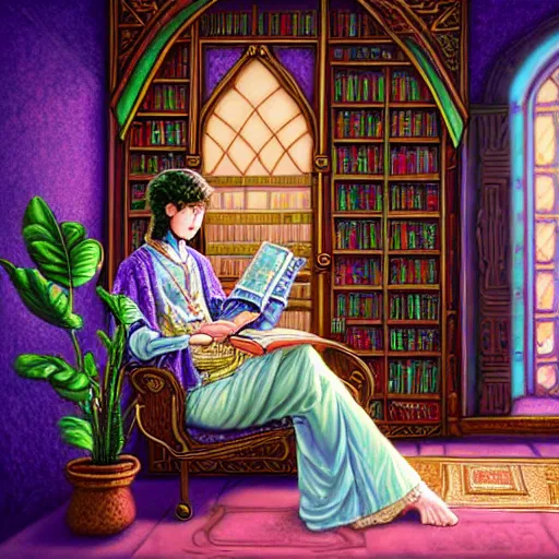 Prompt: a highly detailed fantasy pastel painting of a young wizard in ornate clothing lounging on a purpur pillow on the marble floor in front of her bookcase, studying an ancient tome. to the side is a potted plant and some blue candles. ancient oriental retrofuturistic setting. 4 k key art in the style yoshitaka amano and mark tedin