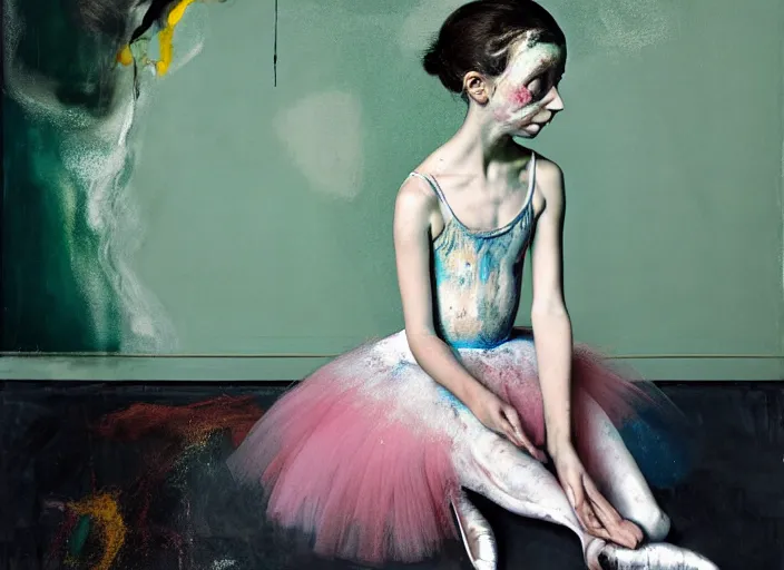 Image similar to portrait of nervous young girl ballerina sitting on the floor focusing in a dance hall by hernan bas and francis bacon and alberto seveso and pat steir and hilma af klint, psychological, photorealistic, symmetrical face, dripping paint, washy brush, matte painting, rendered in octane, altermodern, masterpiece