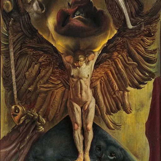 Image similar to a demonic eagle-eyed devil Jan Van eyck lucian freud odd nerdrum dragan bibin john steuart curry