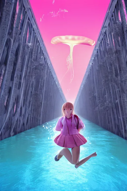 Image similar to 3d realistic dramatic infrared photo of two anime schoolgirls with a realistic face falling down from huge japanese bridge under water. Close-up portrait. There are pink palm trees and translucent glow jellyfish flying around. Volumetric composition. Pastel colors in the style of Hiro Kiyohara, redshift, octane, trend artstation, cinematic, hyper realism, high detail, 8k