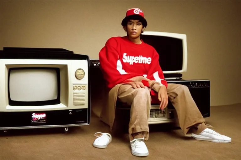 Prompt: bathed in the glow of a crt - television, low - light photograph, supreme lookbook