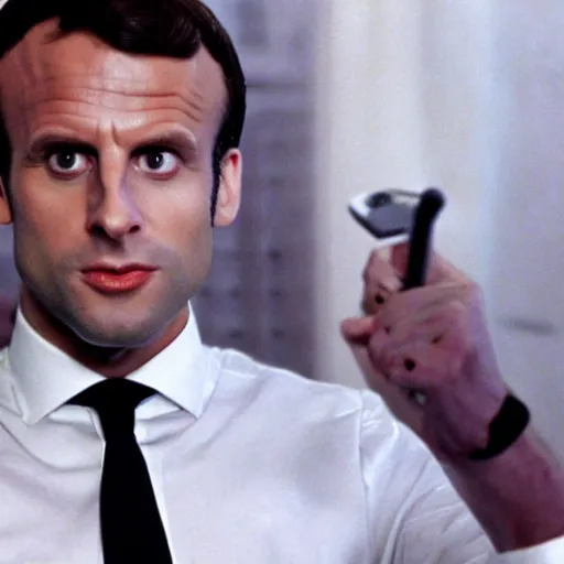 Image similar to Emmanuel Macron buzzing in American Psycho (1999)