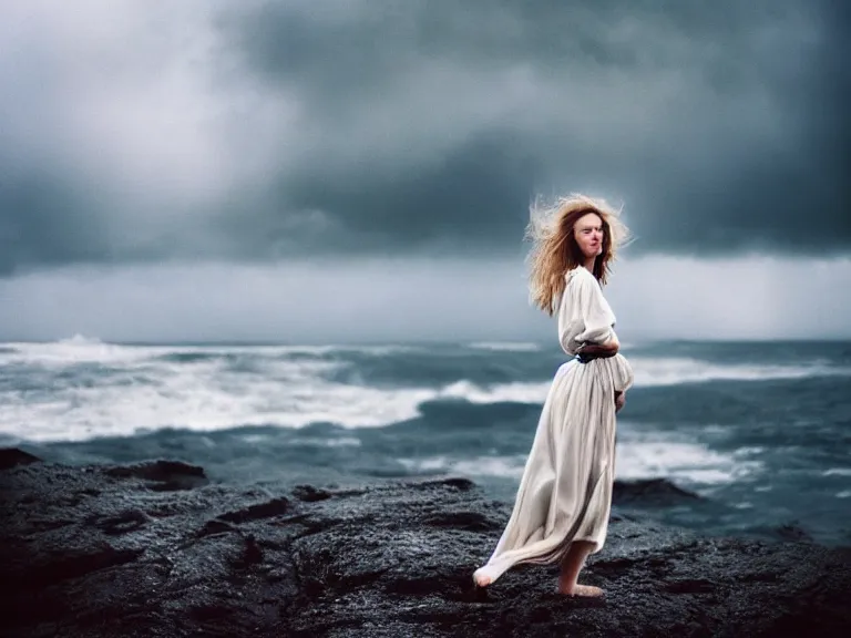 Prompt: cinestill 5 0 d photography of a woman britt marling 3 / 4 style of nicholas fols, 2 0 0 mm, dress in voile, hair like dark clouds floating on air, mute dramatic colours, soft blur outdoor stormy sea background, volumetric lighting, hyperdetailed, hyperrealistic