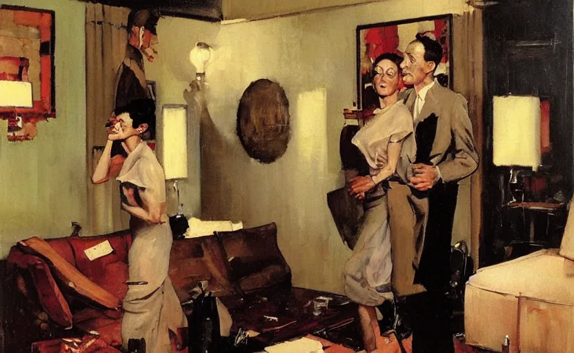 Prompt: a thin man cowers in a corner whilst his wife stands on a coffee table in a dark living room, painted by phil hale and rick berry and norman rockwell and dean cornwell and tom lowell, highly detailed