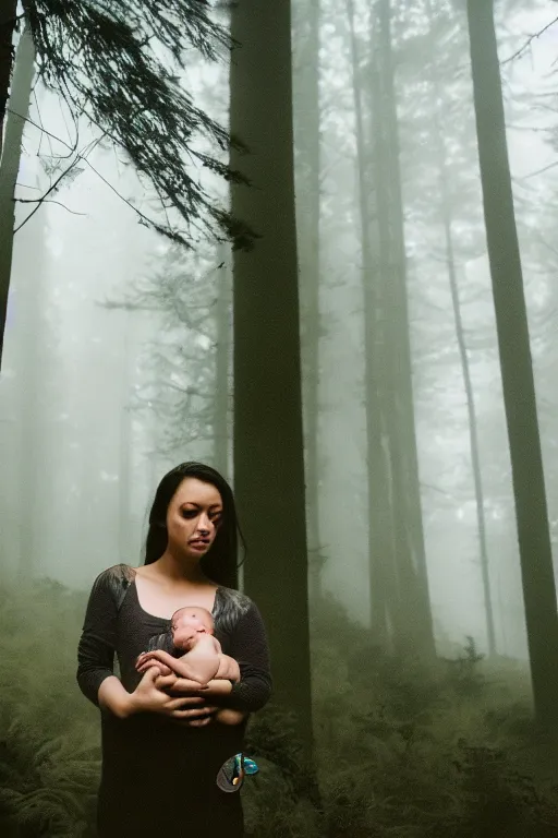 Image similar to a cinematic photo of a young woman with dark hair holds a baby in a dark, foggy forest, masterpiece