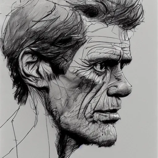 Image similar to a realistic yet scraggly portrait sketch of the side profile of a stern and sophisticated willem dafoe, trending on artstation, intricate details, in the style of frank auerbach, in the style of sergio aragones, in the style of martin ansin, in the style of david aja, in the style of mattias adolfsson