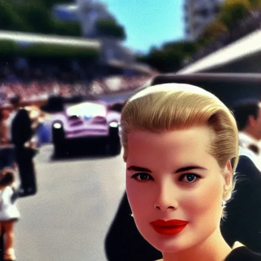 Image similar to selfie smartphone photo of a young Grace Kelly at the Monaco Gran Prix, F1 cars blurred in background, iphone photo, smartphone resolution, trending on instagram, influencer photography