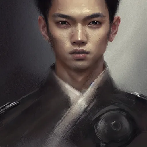 Image similar to Portrait of a man by Greg Rutkowski, he is about 20 years old, korean, short black hair, young, manly, attractive, tall and slim, smart looking, he is wearing futuristic military fatigues, highly detailed portrait, scifi, digital painting, artstation, concept art, smooth, sharp foccus ilustration, Artstation HQ