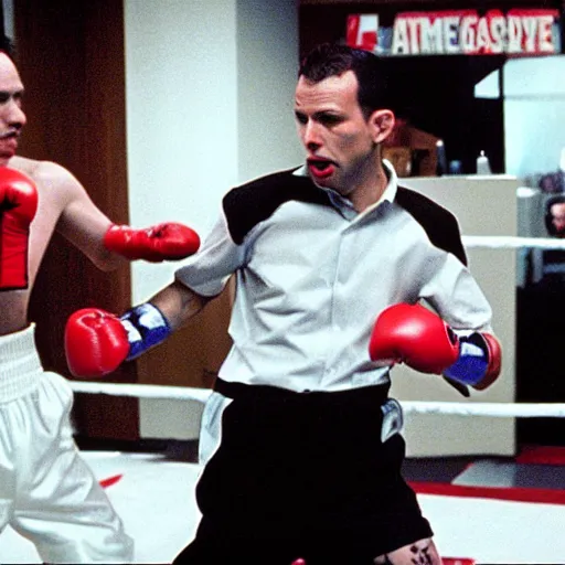 Image similar to Andrew Tate boxing in American Psycho (1999)