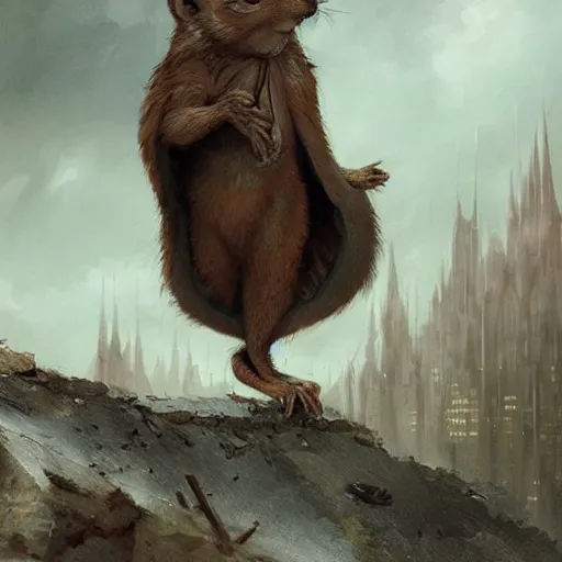 Image similar to Anthropomorphic Squirrel wearing a Cloak sitting otop a roof in a decimated city, concept art,like a action book cover,by rossdraws and greg rutkowski,Leonardo DaVinci