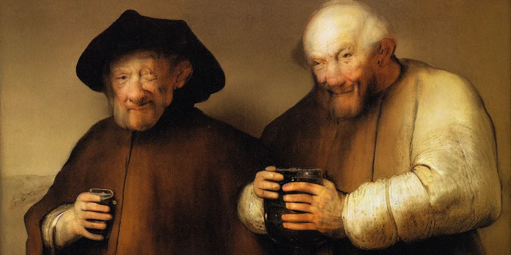 Prompt: happy trappist monk holding tremendous beer stein, portrait, by rembrandt