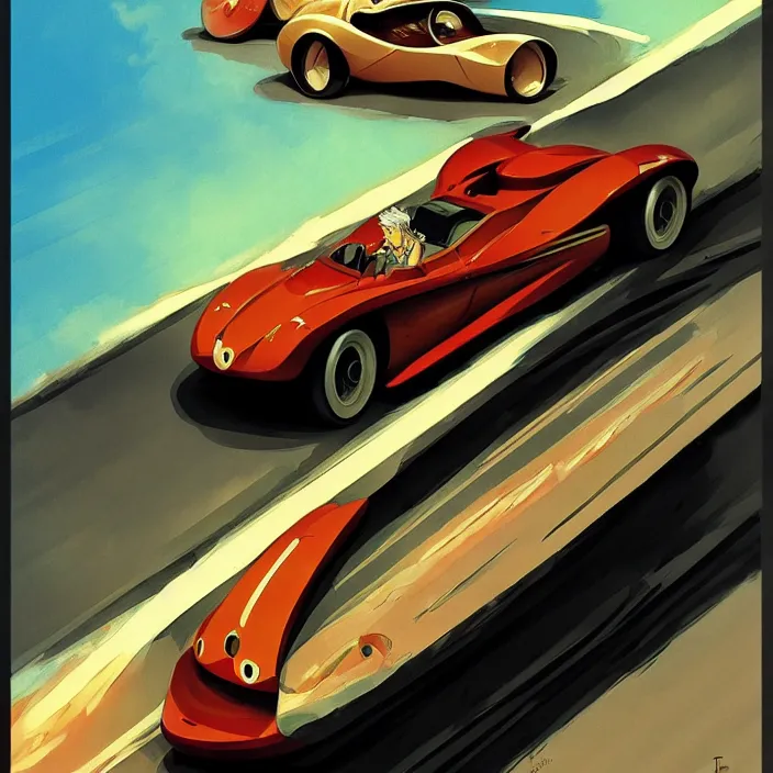 Prompt: fast car on highway, in the style of studio ghibli, j. c. leyendecker, greg rutkowski, artem