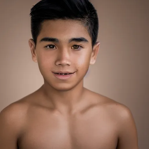 Image similar to a hawaiian filipino portuguese boy with dark brown hair and brown eyes, photorealistic imagery, self - portrait, 4 k, 8 k