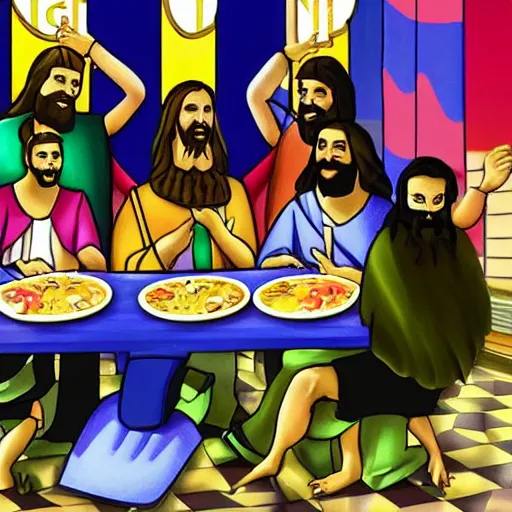 Prompt: jesus and god disciples having the last supper at chuck - e - cheese