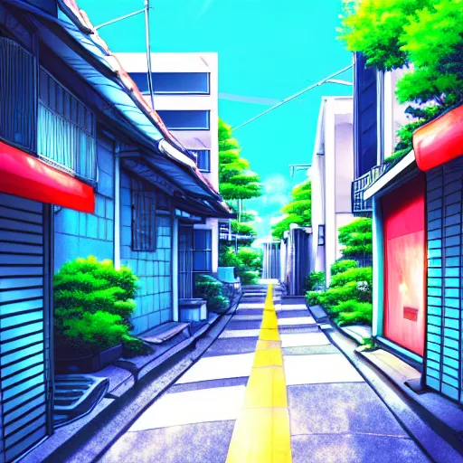 Image similar to anime tokyo residential quiet street scenery only wallpaper aesthetic, saturated colors, beautiful
