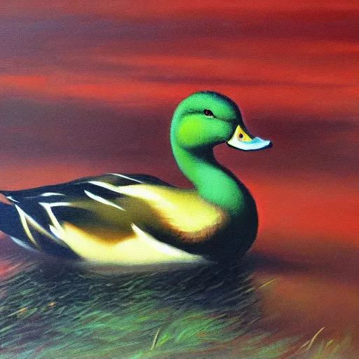 Prompt: a duck on the prowl oil painting nelson shanks