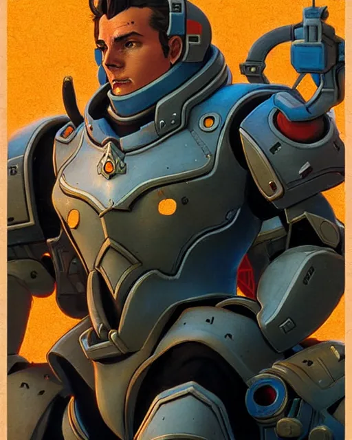 Image similar to reinhardt from overwatch, character portrait, portrait, close up, concept art, intricate details, highly detailed, vintage sci - fi poster, retro future, in the style of chris foss, rodger dean, moebius, michael whelan, and gustave dore
