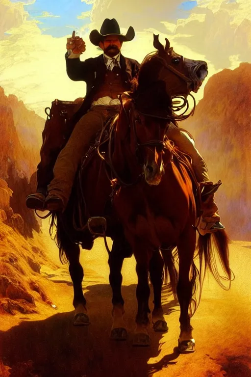 Image similar to hyperrealist portrait of a cowboy driving stage coach by thomas moran and fredrick remington and alphonse mucha, fantasy art, photo realistic, dynamic lighting, artstation, poster, volumetric lighting, very detailed faces, 4 k, award winning