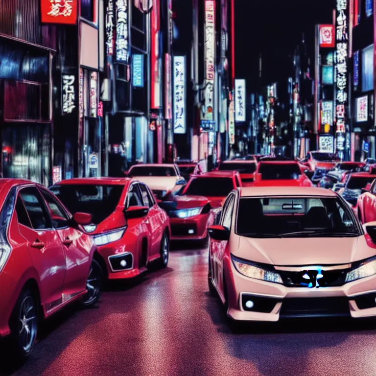 Image similar to a car Honda Civic turbo illegal meeting, detailed-wheels, Shibuya Shibuya, cinematic color, photorealistic, highly detailed, night photography