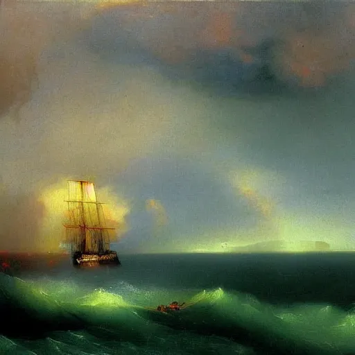 Image similar to red clouds and green ocean in iceland fjord with sailboat painting by ivan aivazovsky