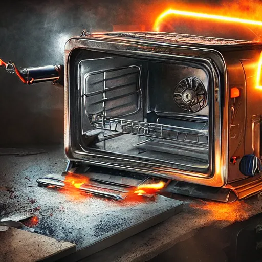 Image similar to cyborg toaster oven repairman, dark messy smoke - filled cluttered workshop, dark, dramatic lighting, orange tint, sparks, plasma rays, cinematic, highly detailed, sci - fi, futuristic, movie still