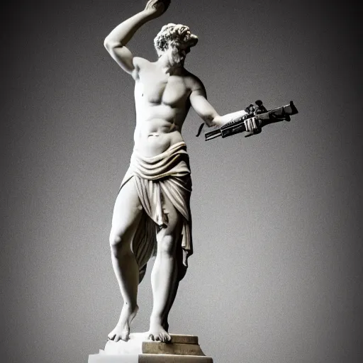 Prompt: a greek marble statue holding an assault rifle, museum background, studio lighting, bokeh, 4K