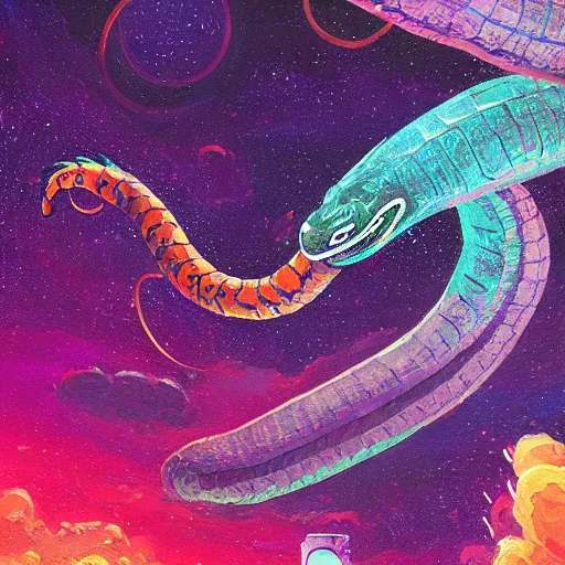 Image similar to a detailed painting of a long space snake serpent floating in space in a sea of colorful sea of stars, by alena aenami, petros afshar and greg rutkowski trending on artstation, deviantart, dragon scales, wyrm, wyvern, dragon, stars