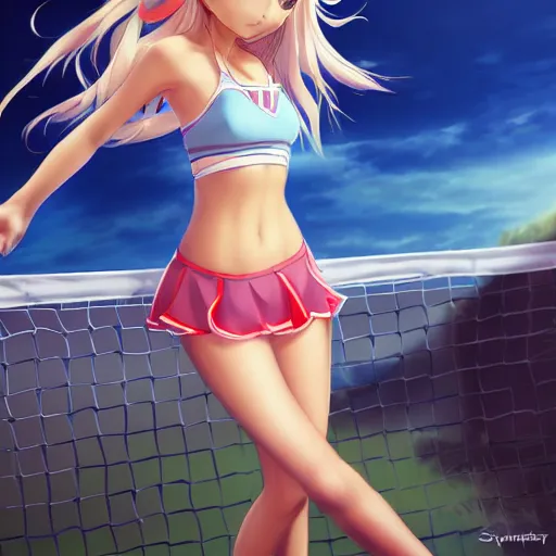 Image similar to a very beautiful young anime tennis girl, full body, long wavy blond hair, sky blue eyes, full round face, short smile, bikini, miniskirt, highly detailed, cinematic wallpaper by stanley artgerm lau