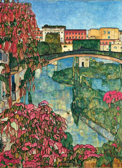 Image similar to a big through arch bridge on local river, a lot of old boat in river, brick buildings near a lot of palm trees and bougainvillea, hot with shining sun, painting by egon schiele