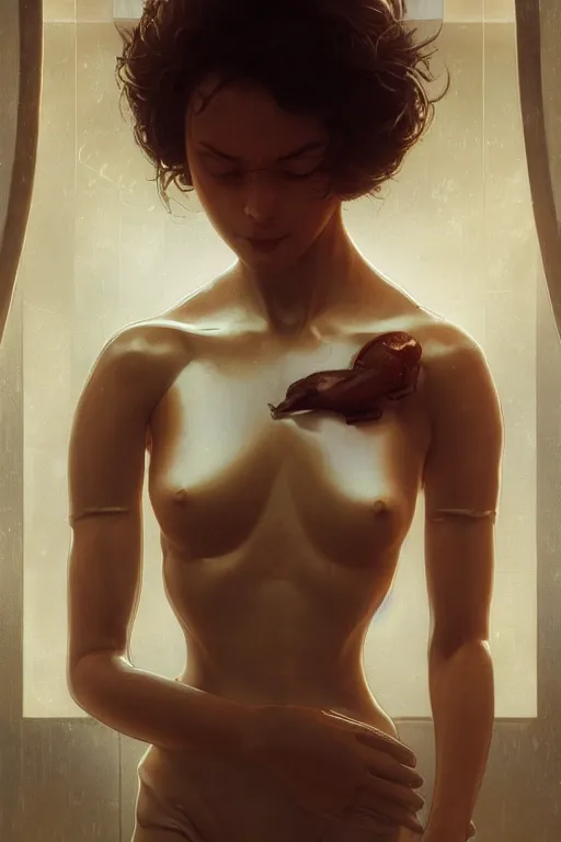 Image similar to beautiful and enigmatic artificial intelligence held captive in a remote research facility. vulnerability and innocence, ultra realistic, sharp details, subsurface scattering, intricate details, warm lighting, beautiful features, highly detailed, photorealistic, octane render, 8 k, unreal engine, art by artgerm and greg rutkowski and alphonse mucha