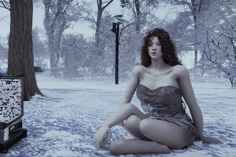Image similar to a beautiful woman made out of snow and ice sitting by a campfire and slowly melting, by iris van herpen, unreal engine 5