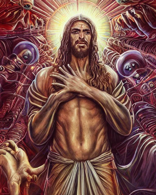 Image similar to jesus christ in a supermarket, by antonio j. manzanedo, giger, alex grey, android jones, wayne barlowe, philippe druillet, raymond swanland, cyril rolando, josephine wall, harumi hironaka, trending on artstation