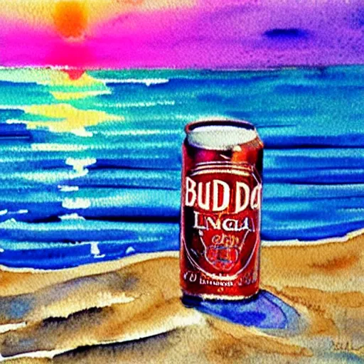 Prompt: can of bud light sittin in the sand on the beach, detailed, watercolor, sunset