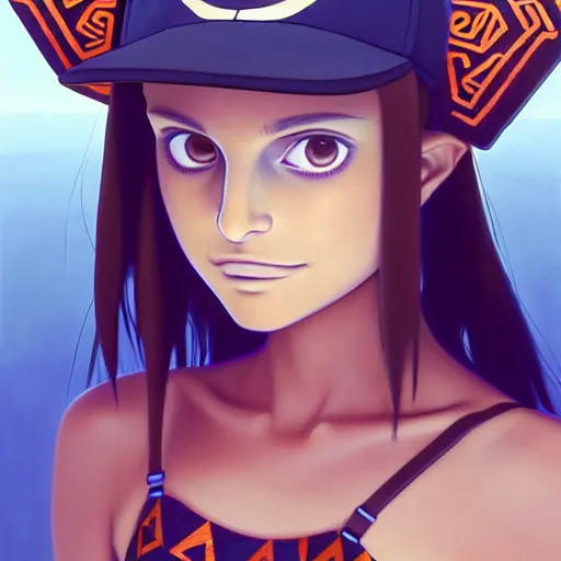 Image similar to beautiful boyish natalie portman gravure model in majora's mask, wearing wooden mask and baseball cap and leotard, street wear with subtle mayan patterns, aztec bathing suit, gapmoe yandere grimdark, trending on pixiv fanbox, painted by greg rutkowski makoto shinkai takashi takeuchi studio ghibli, akihiko yoshida