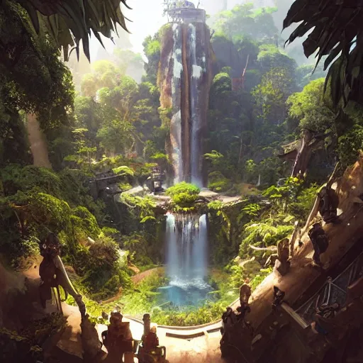 Prompt: worm's eye view of overwatch headquarters carved inside a mountain surrounding a lush well kept garden, central waterfall, magical, natural light, fantasy, sharp focus, concept art, by greg rutkowski and craig mullins, cozy atmospheric