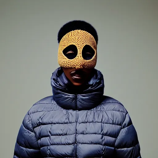 Image similar to realistic! photoshoot for a new balenciaga lookbook, color film photography, portrait of a beautiful woman wearing a balaclava puffer mask, photo in style of tyler mitchell, 35mm lens