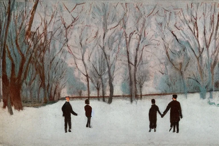 Image similar to a very tall man with dark hair holding the hands of a short young boy as they walk in a park on a bright beautiful winter day. part in the style of an edgar degas painting. part in the style of david hockney