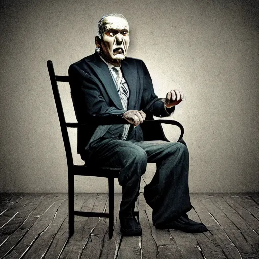 Prompt: angry old man in chair inside a dark house, surrealism