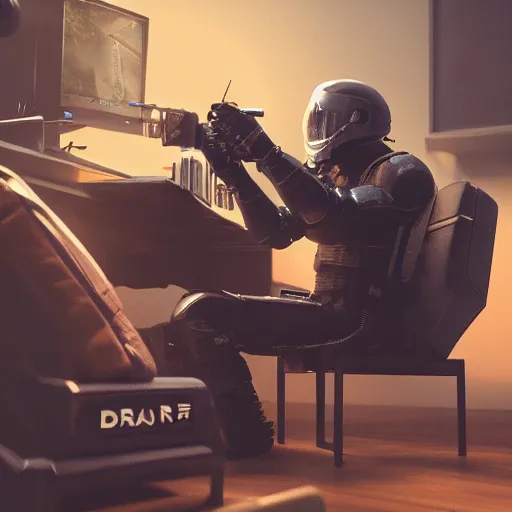 Prompt: a darc age knight sitting in front of a modern pc playing games, ultra realistic details, trending on artstation, 8 k