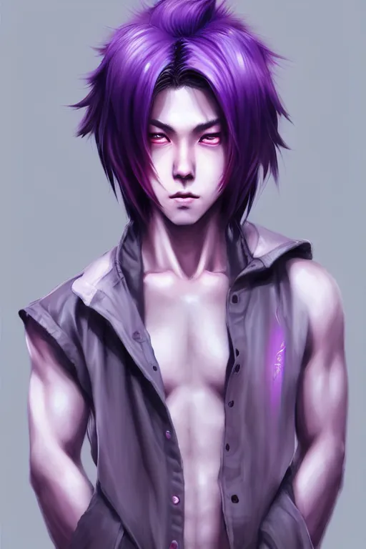 Image similar to gorgeous!!! hyper - realistic teenager boy with purple hair, purple eyes with red eye markets, slim body, wearing combat japanese clothes, holding a fan | drawn by wlop, drawn by jeehyung lee, drawn by artgerm | intricate, highly detailed, digital painting, character design, concept art, illustration, artstation