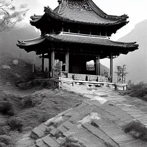 Image similar to little pavilion in the mountain, black and white, by lang jingshan,