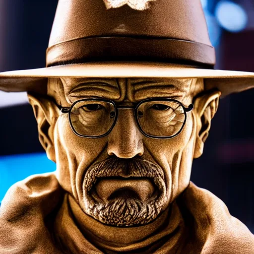 Image similar to a photograph of a very detailed renaissance sculpture of walter white in a hat standing in times square, made by michelangelo, from the distance, hyper detailed, sharp focus, 8 k resolution, ray tracing